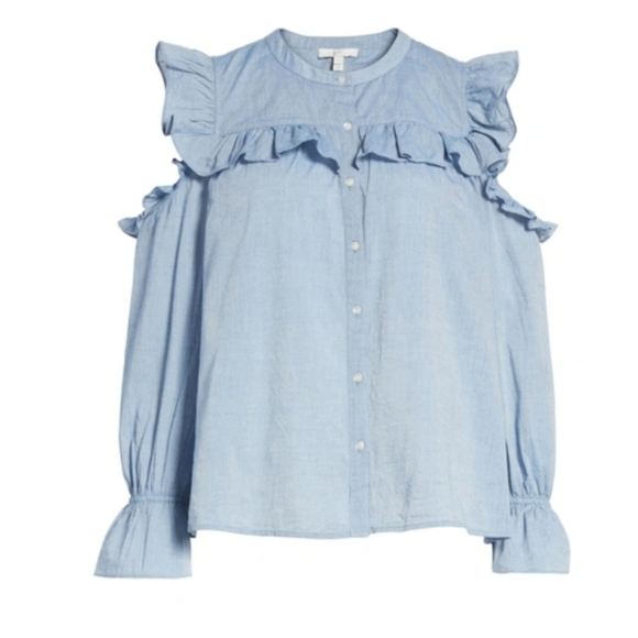Joie Akari Ruffled Cold Shoulder Button Front Chambray Blouse SzXS - Picture 4 of 10